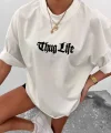 Unisex Bisiklet Yaka Baskılı Oversize T-Shirt - Beyaz