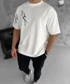 Unisex Bisiklet Yaka Baskılı Oversize T-Shirt - Beyaz