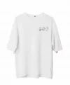 Unisex Bisiklet Yaka Baskılı Oversize T-Shirt - Beyaz