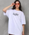Unisex Bisiklet Yaka Baskılı Oversize T-Shirt - Beyaz