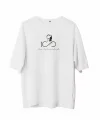 Unisex Bisiklet Yaka Baskılı Oversize T-Shirt - Beyaz
