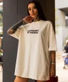 Unisex Bisiklet Yaka Baskılı Oversize T-Shirt - Beyaz