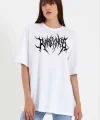Unisex Bisiklet Yaka Baskılı Oversize T-Shirt - Beyaz