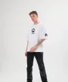 Unisex Bisiklet Yaka Baskılı Oversize T-Shirt - Beyaz