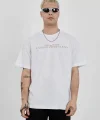 Unisex Bisiklet Yaka Baskılı Oversize T-Shirt - Beyaz