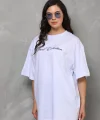Unisex Bisiklet Yaka Baskılı Oversize T-Shirt - Beyaz
