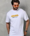 Unisex Bisiklet Yaka Baskılı Oversize T-Shirt - Beyaz