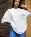 Unisex Bisiklet Yaka Baskılı Oversize T-Shirt - Beyaz