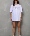 Unisex Bisiklet Yaka Baskılı Oversize T-Shirt - Beyaz