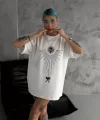 Unisex Bisiklet Yaka Baskılı Oversize T-Shirt - Beyaz