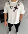 Unisex Bisiklet Yaka Baskılı Oversize T-Shirt - Beyaz