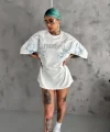 Unisex Bisiklet Yaka Baskılı Oversize T-Shirt - Beyaz