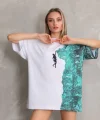 Unisex Bisiklet Yaka Baskılı Oversize T-Shirt - Beyaz