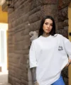 Unisex Bisiklet Yaka Baskılı Oversize T-Shirt - Beyaz