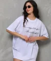 Unisex Bisiklet Yaka Baskılı Oversize T-Shirt - Beyaz