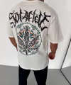 Unisex Bisiklet Yaka Baskılı Oversize T-Shirt - Beyaz