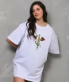 Unisex Bisiklet Yaka Baskılı Oversize T-Shirt - Beyaz