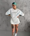 Unisex Bisiklet Yaka Baskılı Oversize T-Shirt - Beyaz