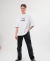 Unisex Bisiklet Yaka Baskılı Oversize T-Shirt - Beyaz