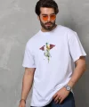 Unisex Bisiklet Yaka Baskılı Oversize T-Shirt - Beyaz