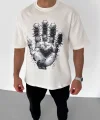 Unisex Bisiklet Yaka Baskılı Oversize T-Shirt - Beyaz