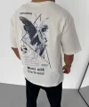 Unisex Bisiklet Yaka Baskılı Oversize T-Shirt - Beyaz