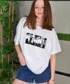 Unisex Bisiklet Yaka Baskılı Oversize T-Shirt - Beyaz