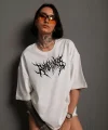 Unisex Bisiklet Yaka Baskılı Oversize T-Shirt - Beyaz