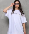 Unisex Bisiklet Yaka Baskılı Oversize T-Shirt - Beyaz