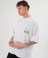 Unisex Bisiklet Yaka Baskılı Oversize T-Shirt - Beyaz
