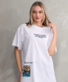 Unisex Bisiklet Yaka Baskılı Oversize T-Shirt - Beyaz