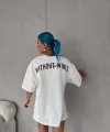 Unisex Bisiklet Yaka Baskılı Oversize T-Shirt - Beyaz