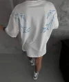 Unisex Bisiklet Yaka Baskılı Oversize T-Shirt - Beyaz