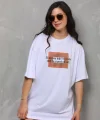 Unisex Bisiklet Yaka Baskılı Oversize T-Shirt - Beyaz