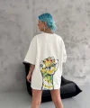 Unisex Bisiklet Yaka Baskılı Oversize T-Shirt - Beyaz