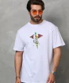 Unisex Bisiklet Yaka Baskılı Oversize T-Shirt - Beyaz