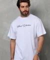 Unisex Bisiklet Yaka Baskılı Oversize T-Shirt - Beyaz