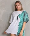 Unisex Bisiklet Yaka Baskılı Oversize T-Shirt - Beyaz