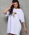 Unisex Bisiklet Yaka Baskılı Oversize T-Shirt - Beyaz