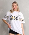 Unisex Bisiklet Yaka Baskılı Oversize T-Shirt - Beyaz