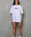 Unisex Bisiklet Yaka Baskılı Oversize T-Shirt - Beyaz
