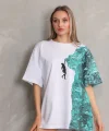 Unisex Bisiklet Yaka Baskılı Oversize T-Shirt - Beyaz
