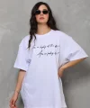 Unisex Bisiklet Yaka Baskılı Oversize T-Shirt - Beyaz