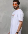 Unisex Bisiklet Yaka Baskılı Oversize T-Shirt - Beyaz