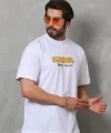 Unisex Bisiklet Yaka Baskılı Oversize T-Shirt - Beyaz