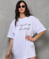 Unisex Bisiklet Yaka Baskılı Oversize T-Shirt - Beyaz