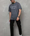 Unisex Bisiklet Yaka Baskılı Oversize T-Shirt - Füme
