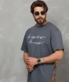 Unisex Bisiklet Yaka Baskılı Oversize T-Shirt - Füme