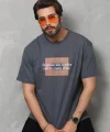Unisex Bisiklet Yaka Baskılı Oversize T-Shirt - Füme