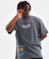 Unisex Bisiklet Yaka Baskılı Oversize T-Shirt - Gri